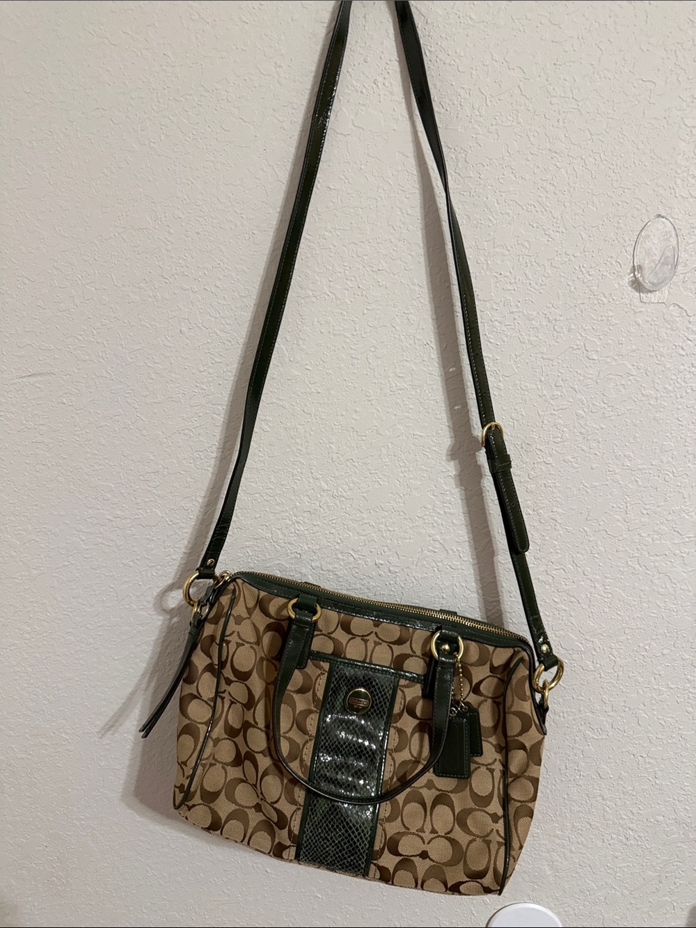 Coach Signature Crossbody with Green Leather Trim